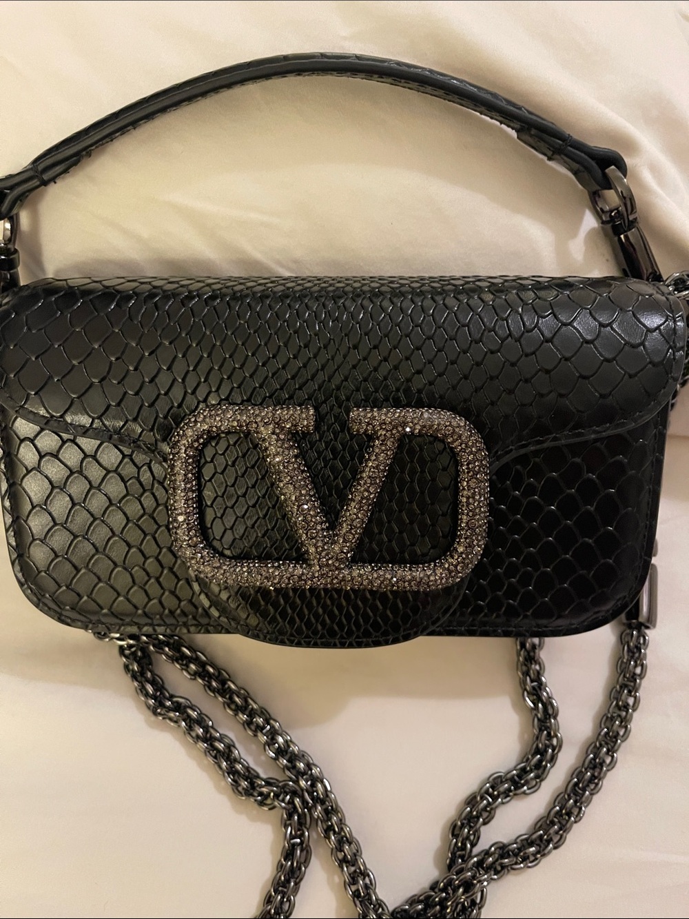 Valentino Garavani Black Snake-Embossed V-Logo Shoulder Bag
